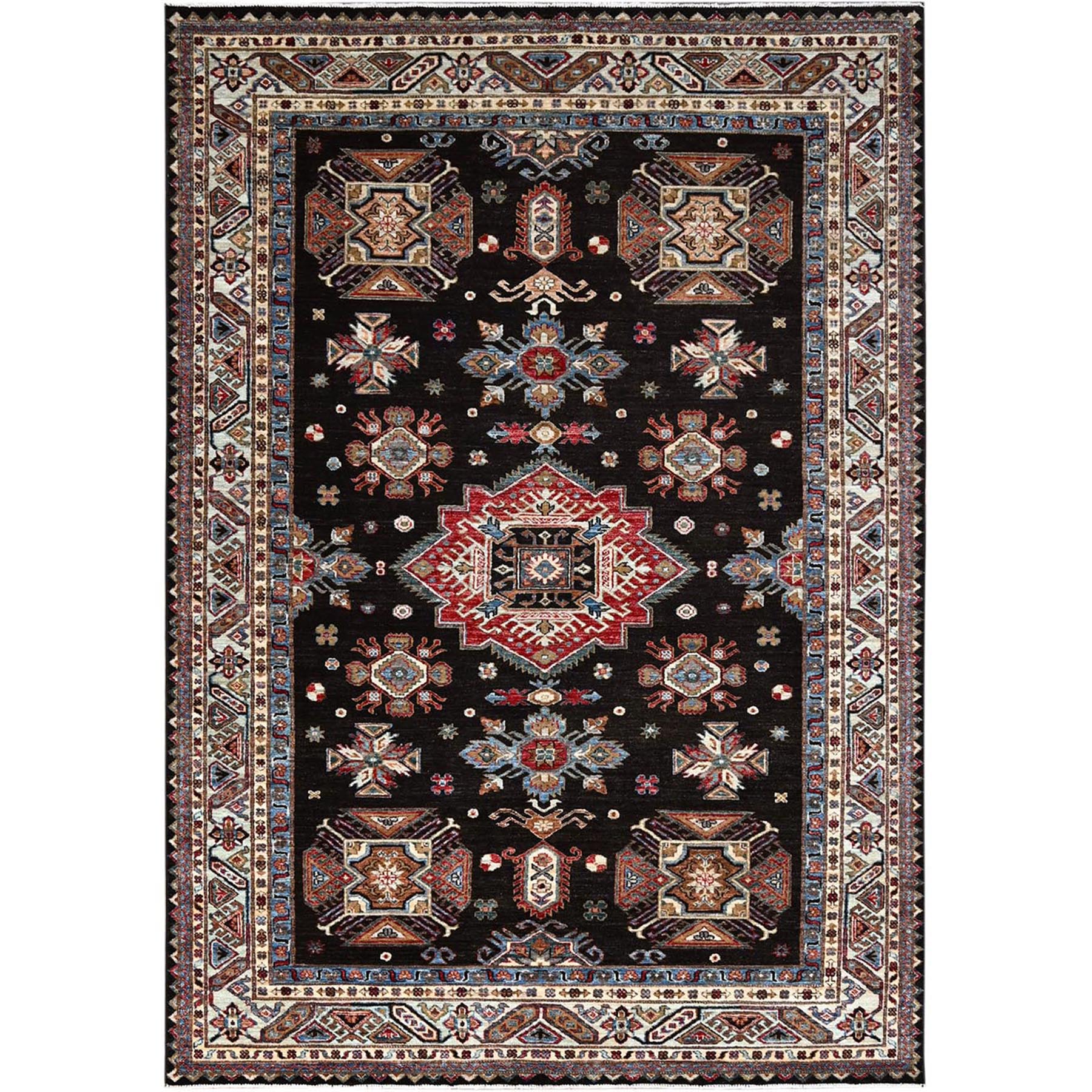 Pitch Black, Afghan Super Kazak, All Over Motifs Design, Vibrant Wool and Densely Woven, Hand Knotted Oriental Rug